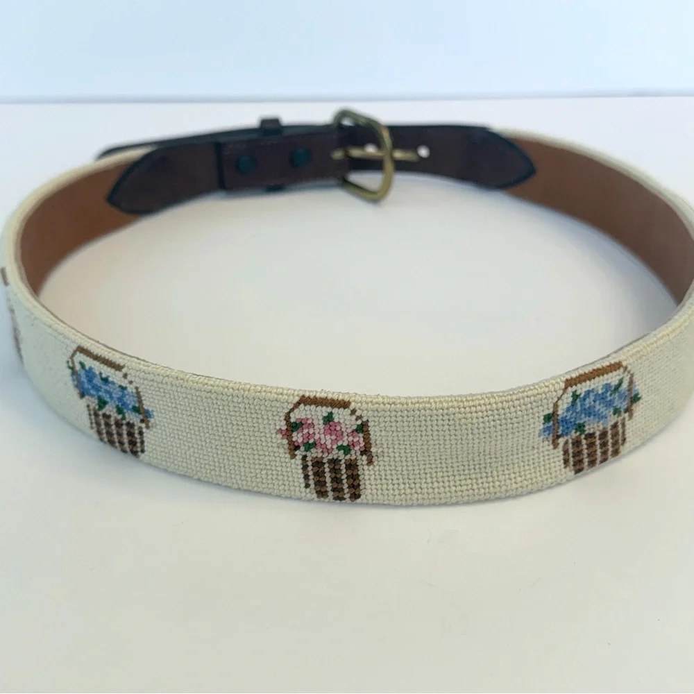 Needlepoint hand stitched vintage belts with solid brass buckles